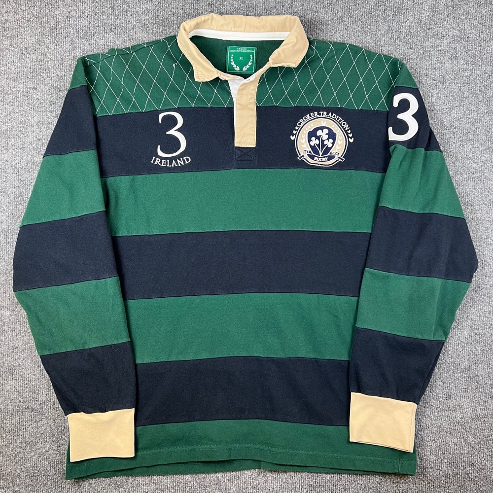 Croker Ireland Rugby Shirt Mens XL Green Blue Striped Crest #3 Long Sleeve